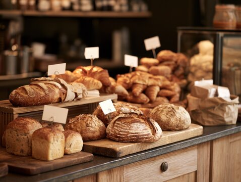 Freshly Baked Breads and Pastries Displayed in an Artisanal Bakery Shop