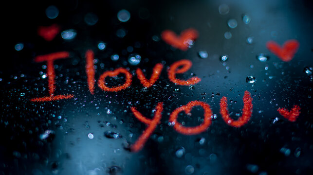 The text I love you written in red ink on dark blue water