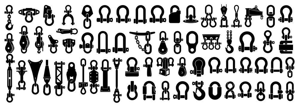 D-Shackle Rigging Hardware Vector Silhouette Collection - Heavy Duty Lifting Equipment Clevis Pin and Crane Hoist Hook Icon Pack
