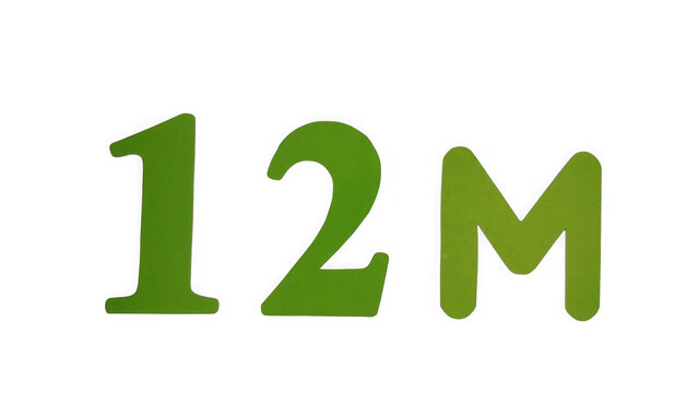 Green text label showing 12m for twelve million count or statistics display isolated on transparent background