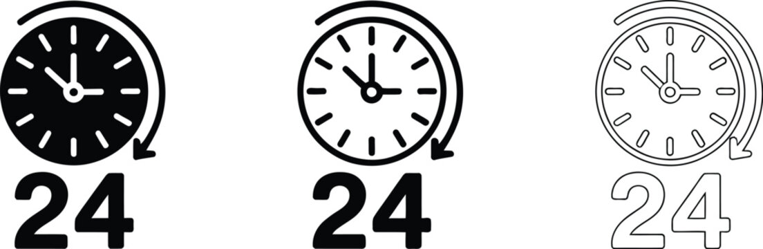 Twenty four hours service icon set clock arrow around customer support open all day work time concept vector illustration black.