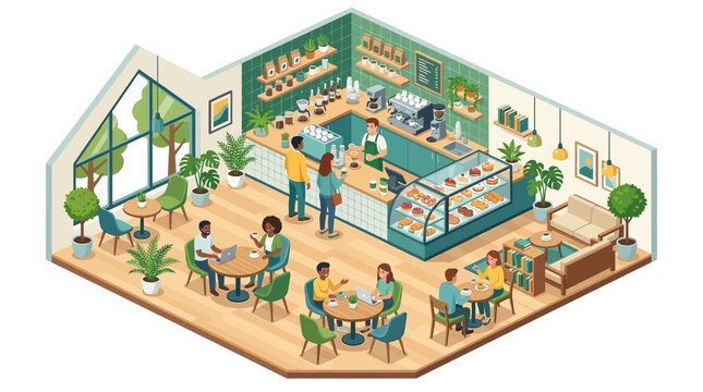Cozy Isometric Cafe Interior: People Enjoying Coffee, Pastries & Relaxation