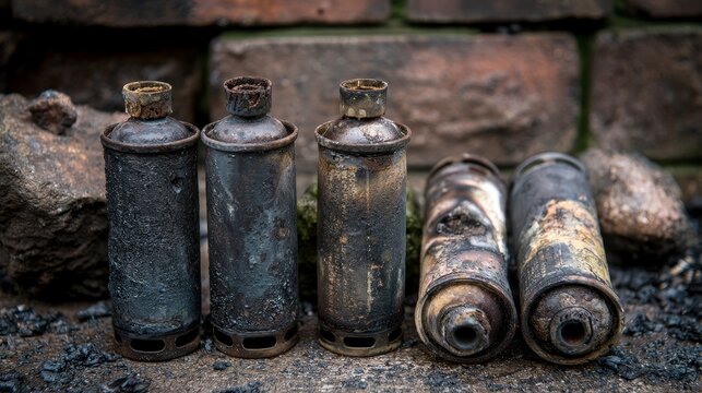 Burned butane canisters found after a fire, showing damaged fuel containers, fire aftermath, safety hazards, explosion risks, emergency response and environmental cleanup concerns