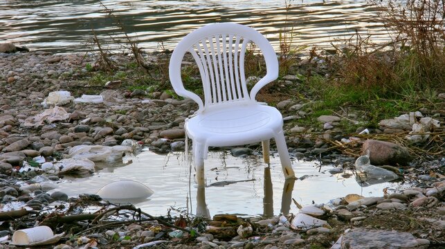 Plastic chair and various debris polluting the river bank water, showing environmental damage, waste contamination, water pollution, ecological problems and the impact of human activities on nature