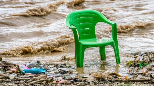 Plastic chair and various debris polluting the river bank water, showing environmental damage, waste contamination, water pollution, ecological problems and the impact of human activities on nature