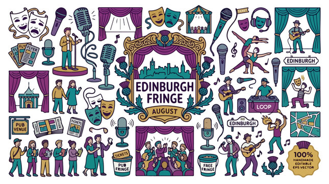 Edinburgh Fringe Festival August Vector Illustration Set