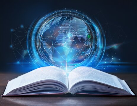 ai learning concept with open book and hologram