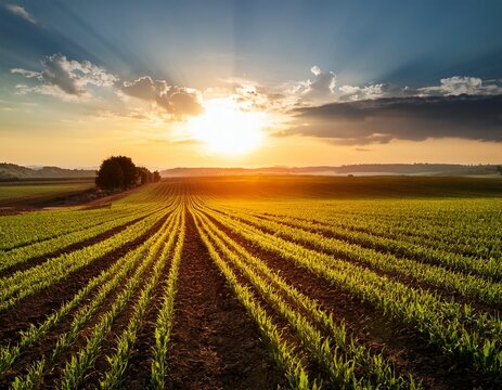 agriculture field with crops at sunrise symbolizing growth