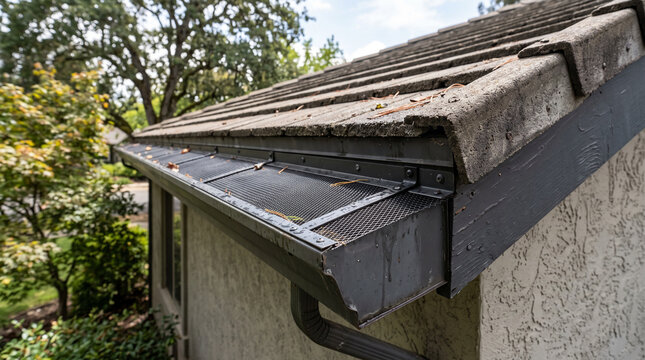Mesh gutter guard fitted along an open gutter run below roof shingles