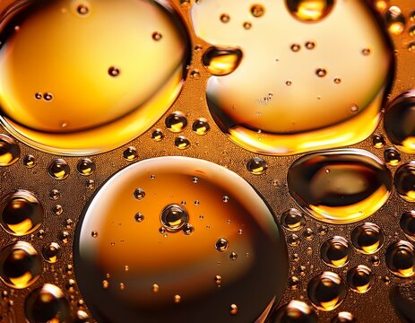 golden oil droplets and bubbles floating in a shallow liquid pool captured in vivid macro detail with rich amber tones for a culinary cooking background