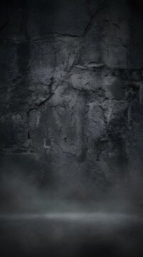 Moody dark stone wall background with floor lighting and smoke effects.