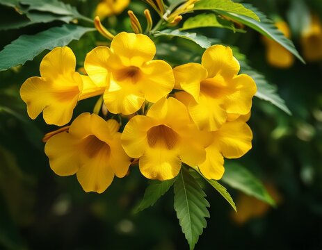 tecoma stans commonly called yellow bell or yellow elder flower featuring a beautiful bunch of yellow trumpet flowers with green foliage background