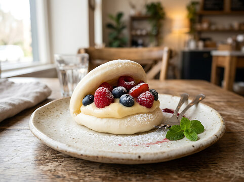 A delicious fluffy bao bun dessert filled with custard and fresh mixed berries served on a rustic plate.