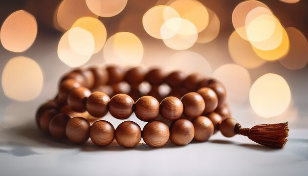 wooden prayer beads coiled on a white surface with soft bokeh light spiritual and peaceful ambiance religious accessory calming light