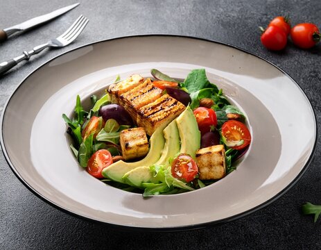 fresh vegetable salad with avocado and grilled tofu on a stone surface