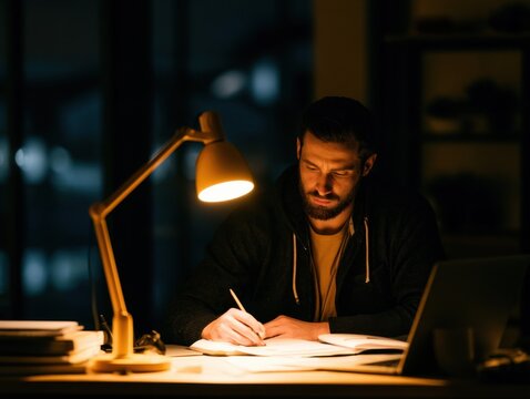 Focused man work at night desk, concentrated study by lamplight