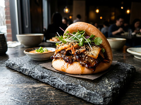 Delicious pork belly bao bun served on a rustic stone plate in a restaurant.