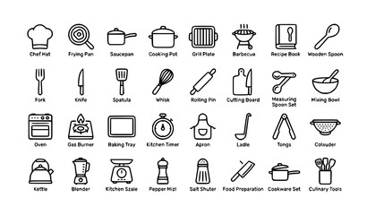 Fototapeta premium Cooking and Kitchen Vector Icons with Chef Pan Pot Recipe Grill Culinary Tools and Editable Stroke Outline Collection