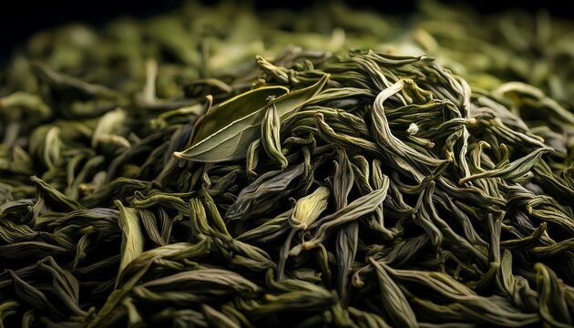 close up of dried green sencha tea leaves as a deep moody pile of dark slender foliage with subtle green highlights