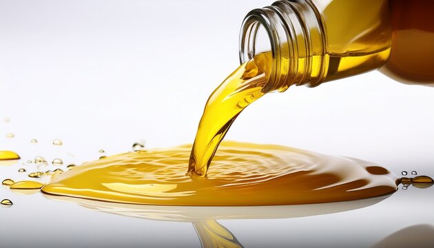 yellow liquid pouring from a bottle on white surface