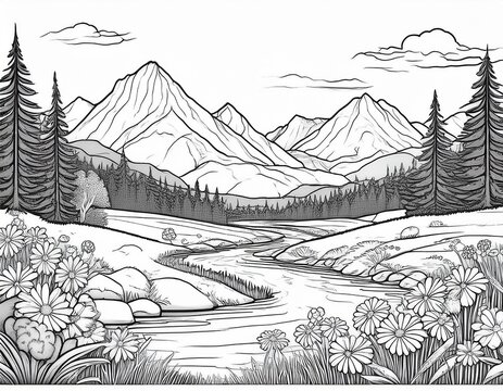 mountain landscape with river and flowers coloring page black and white lines