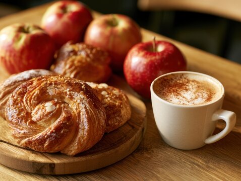 Fresh Baked Pastries, Red Apples, and Warm Coffee on a Wooden Table