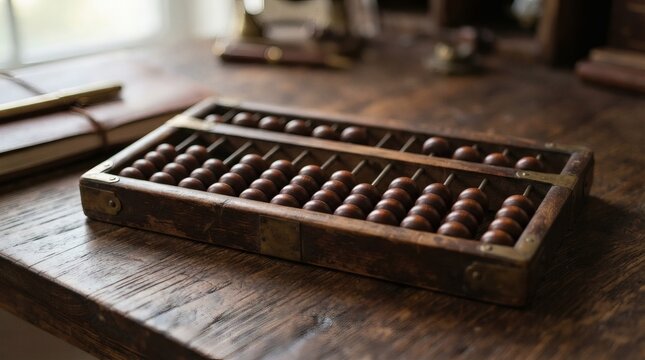 Antique wooden abacus rests on a textured wooden desk surface near a leather bound notebook and writing instrument evoking historical accounting and calculation methods with vintage appeal and