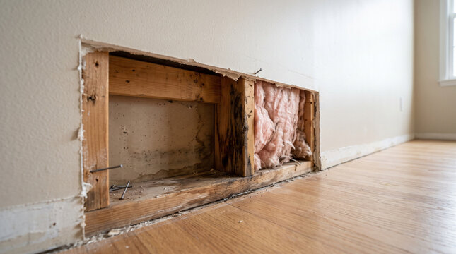 Removed baseboard exposing a damp wall cavity with visible mold and insulation