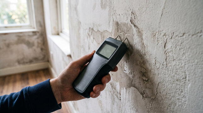 Moisture meter probe pressed against a damp plaster wall near a window