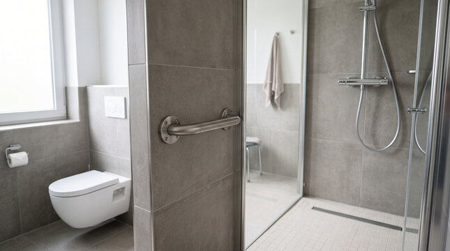Accessible bathroom with a stainless grab bar beside a walk in shower
