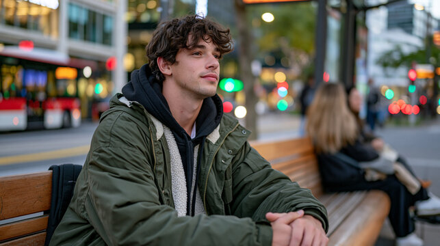 Young adult in fashionable jacket sits alone on busy urban bus stop bench in evening city backdrop, fletcher arrows composition metaphor shown through single figure aiming gaze down empty street cor