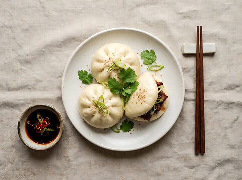 Freshly steamed bao buns served on a ceramic plate with dipping sauce and chopsticks.