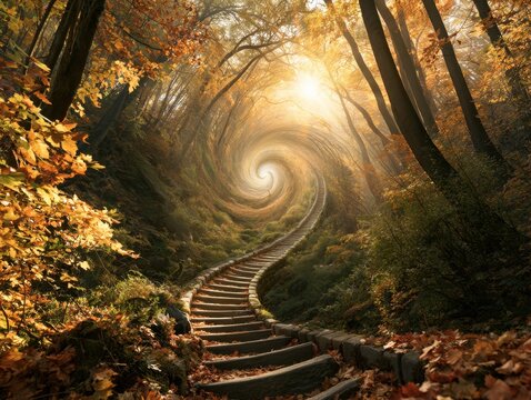 Enchanted Forest Path Swirling Towards Bright Light on Autumn Day
