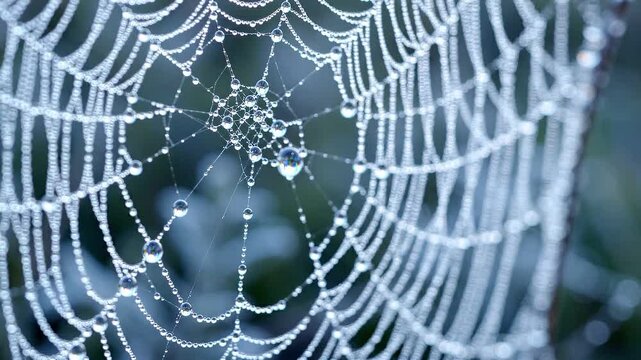 Spider web covered with dew drops in early morning. Close up of intricate arachnid thread with water beads. Nature pattern in meadow for macro biology concept.