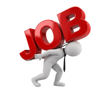 A determined businessman carrying the heavy word JOB on his back during a difficult work situation isolated on transparent background