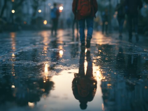 Person walk city street with backpack reflection wet ground night atmosphere