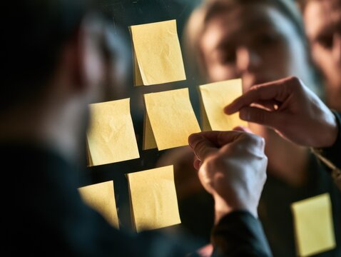 People collaborate, organize tasks with sticky notes on a clear board