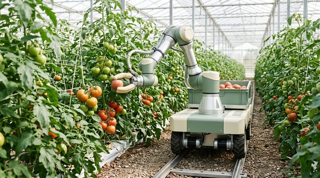 Robotic arm picks tomatoes in a greenhouse during the day while plants grow around