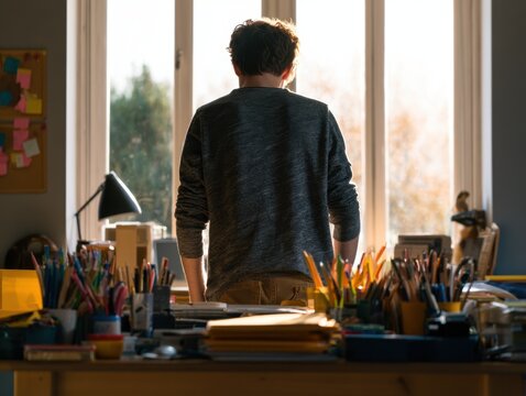 Young adult stands looking out bright window from creative home office