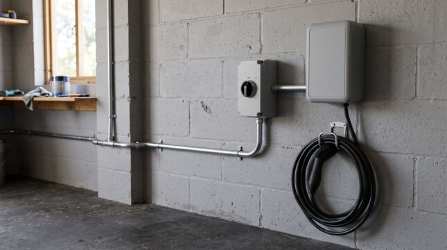 Garage wall with a charge point conduit and isolator switch installed neatly