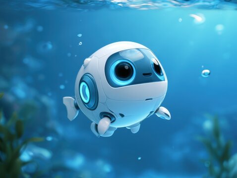 Cute White Robotic Character Swim Under Blue Water with Bubbles and Plants