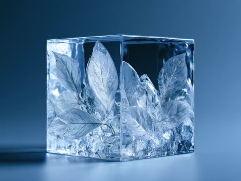Leaves Trapped in a Clear Ice Cube Against a Cool Blue Background