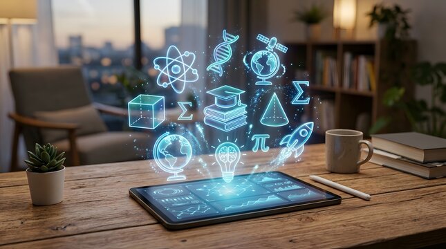 Digital education hologram on tablet. Online learning concept with virtual science icons.