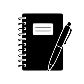 Minimalist black flat vector icon of a spiral notebook with a pen, isolated on a white background for office stationery.