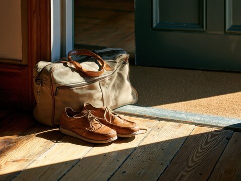 Luggage and Shoes by a Doorway, Ready for Travel and Adventure Departure