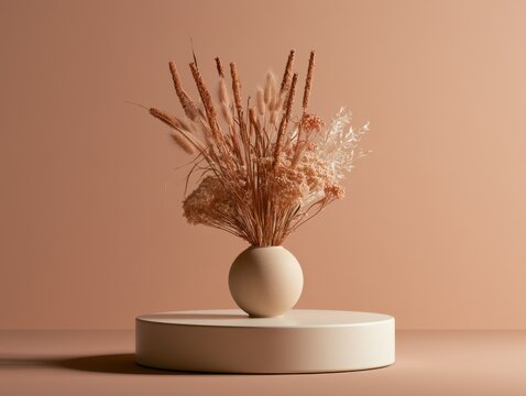 Minimalist Dried Floral Arrangement in Vase on Pedestal Against Tan Wall