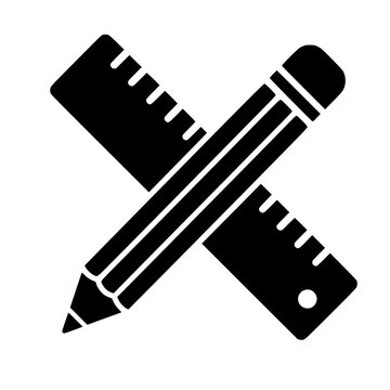 Minimalist black flat vector icon of crossed pencil and ruler tools for design engineering drafting education and technical drawing