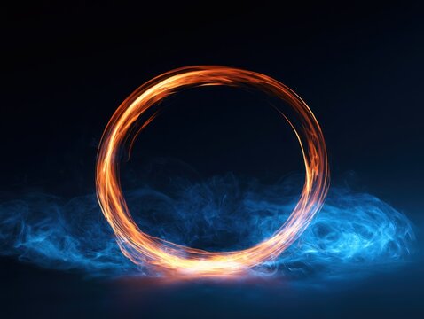 Abstract Fiery Ring with Blue Smoke Effect on Dark Background