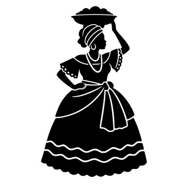 Traditional Afro-Brazilian Baiana woman silhouette vector illustration wearing headwrap and carrying tray, isolated on white background.