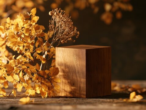Wooden Product Display Stand with Autumn Leaves and Natural Elements